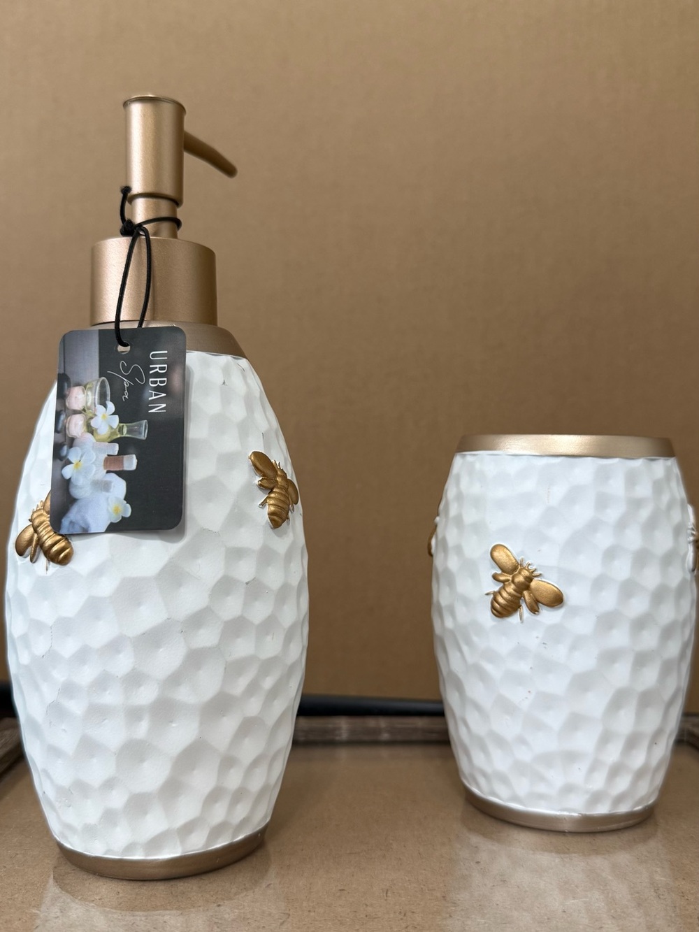 Urban Outfitters White & Gold Bee Ceramic Bath Set with Textured Finish